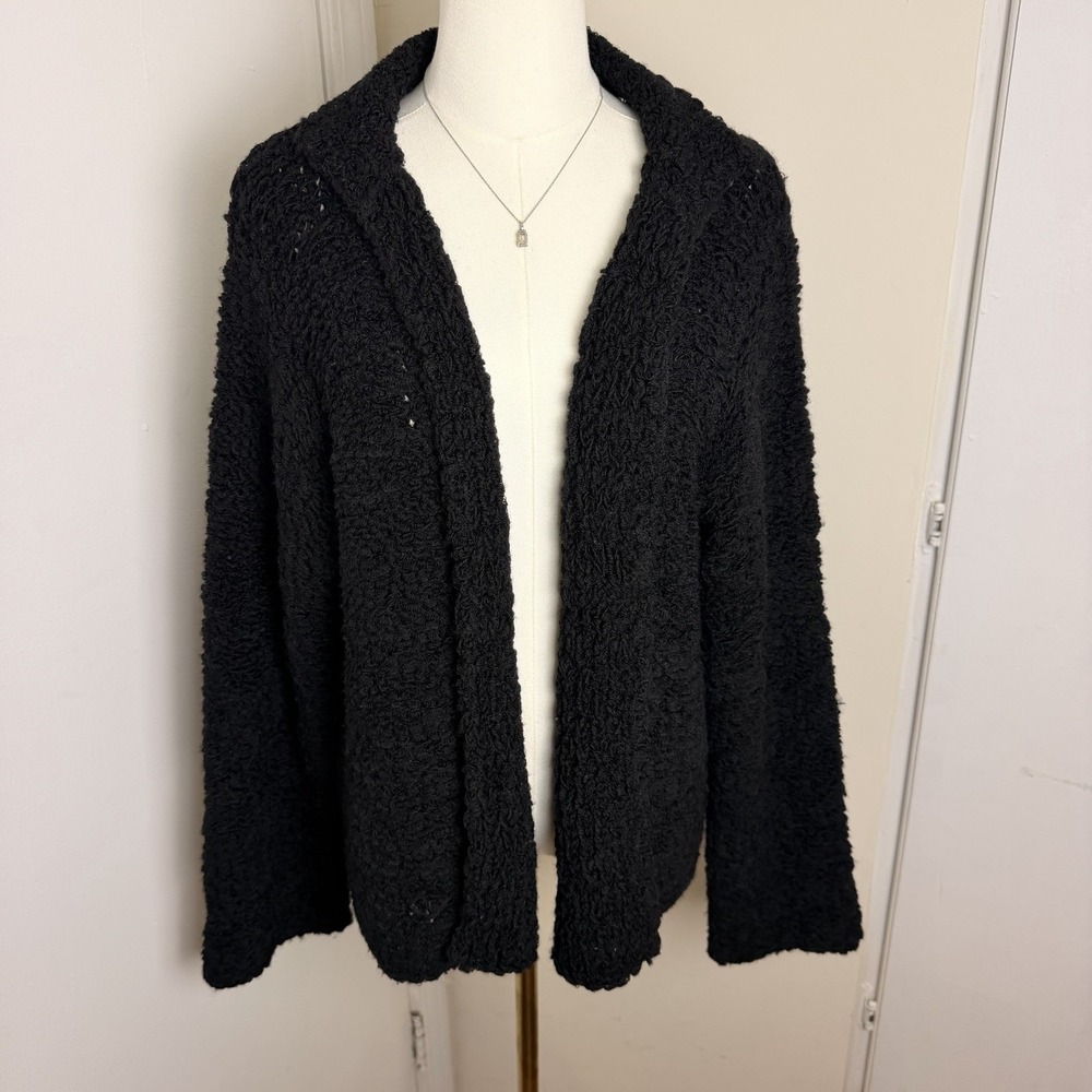 Eileen Fisher 100% Merino Wool Textured Open Knit Cardigan Black Sz L